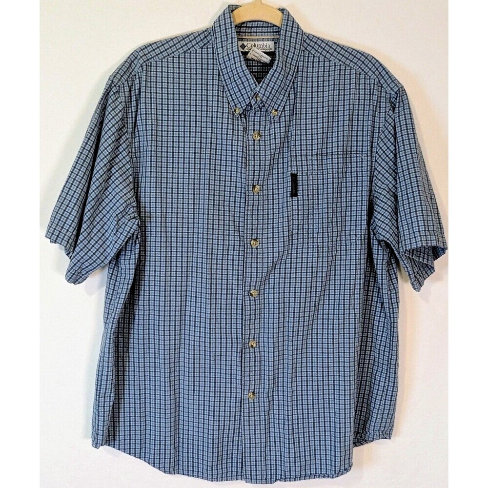 Columbia Men's Shirt Blue Plaid Short Sleeve Button Down Seersucker Size Large